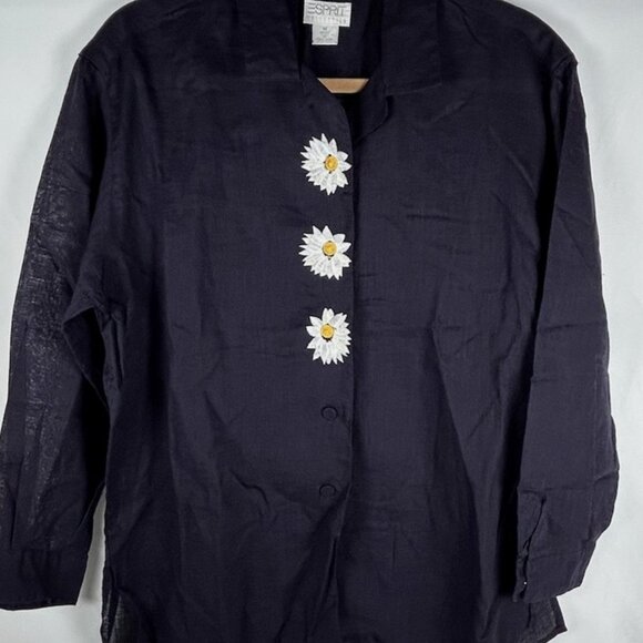 Vintage Esprit Dark Blue Embroidered Sunflower Button Up Top Sz M Cotton Linen - Picture 1 of 5